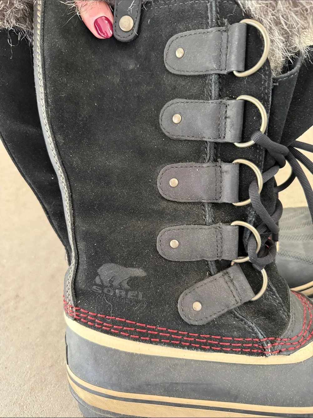 Sorel Black Faux-Fur Trim Winter Lace-Up Boots